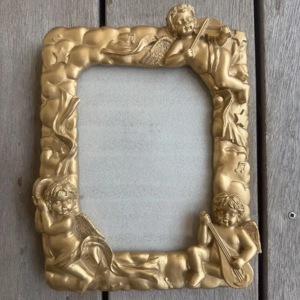 Vintage Picture Frame 9x7” Gold Cherubs Playing Instruments Whimsy Gallery Wall